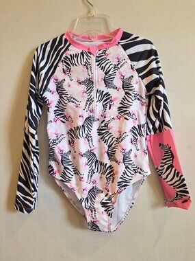 Long Sleeve Zipper Zebra Print One Piece Swimsuit 7 Y